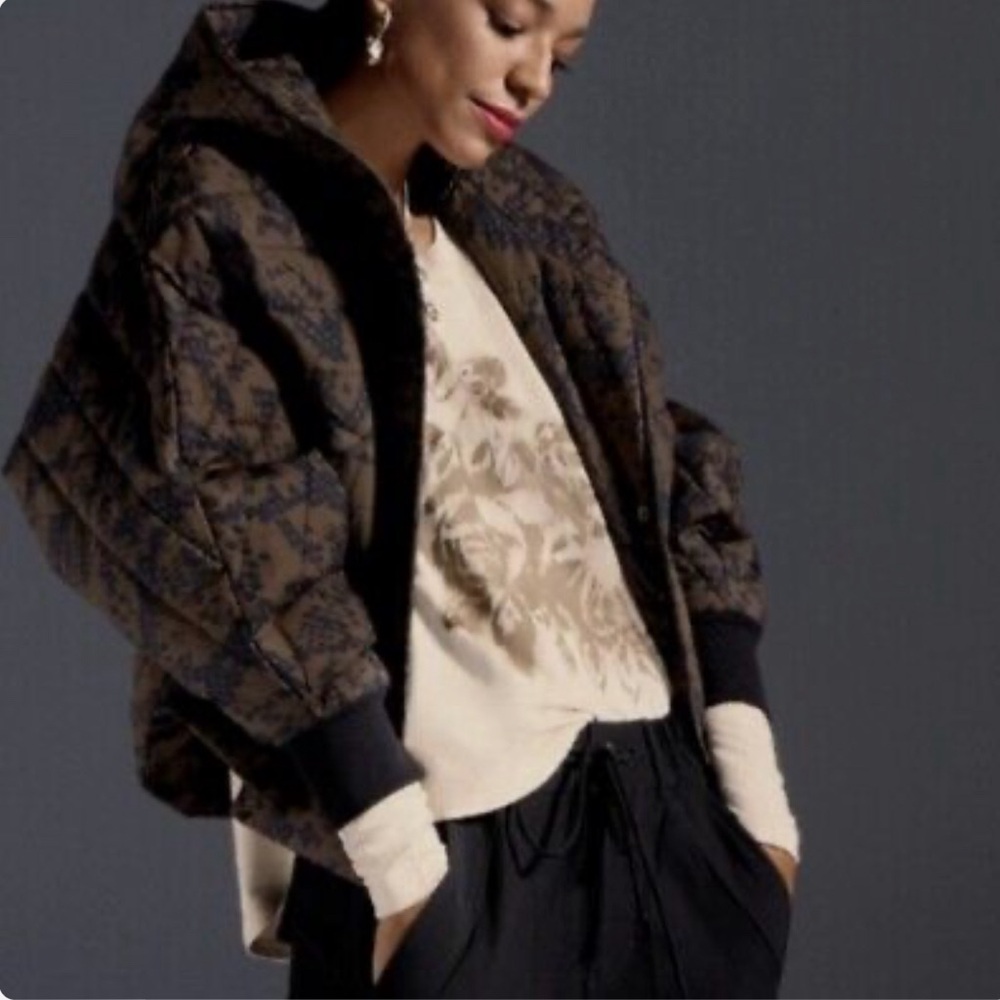 Cabi Wrap Up Puffer Size S/M Oversized Black Brown Snakeskin Print Hooded Jacket